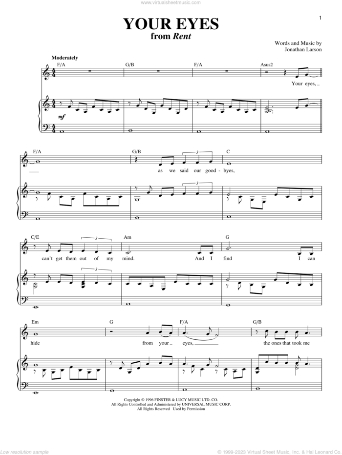 Your Eyes (from Rent) sheet music for voice and piano by Jonathan Larson and Richard Walters, intermediate skill level