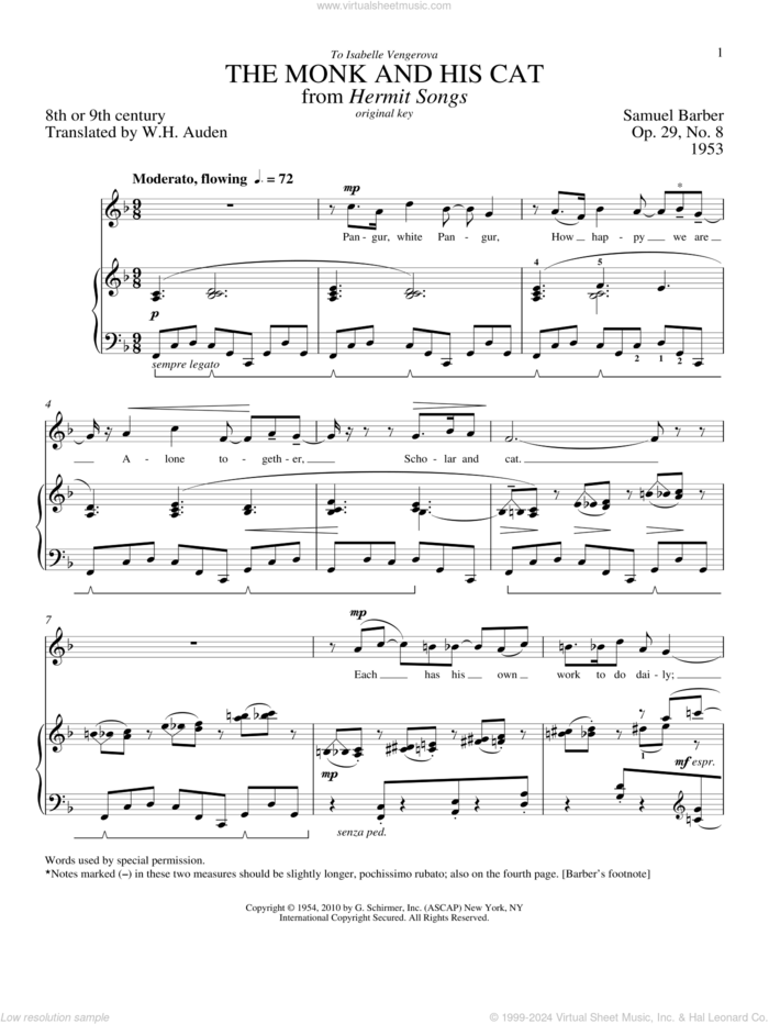 The Monk And His Cat sheet music for voice and piano (High Voice) by Samuel Barber, Richard Walters and W.H. Auden, classical score, intermediate skill level