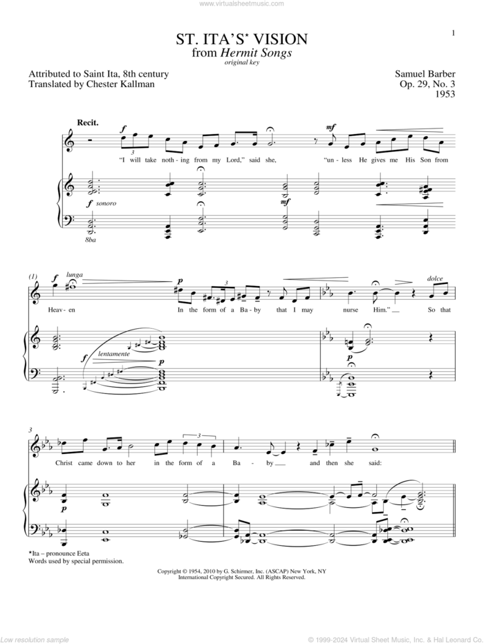 St. Ita's Vision sheet music for voice and piano (High Voice) by Samuel Barber, Richard Walters and Chester Kallmann, classical score, intermediate skill level