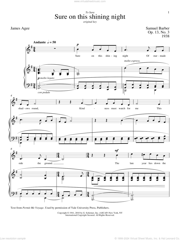 Sure On This Shining Night sheet music for voice and piano (Low Voice) by Samuel Barber, Richard Walters and James Agee, classical score, intermediate skill level