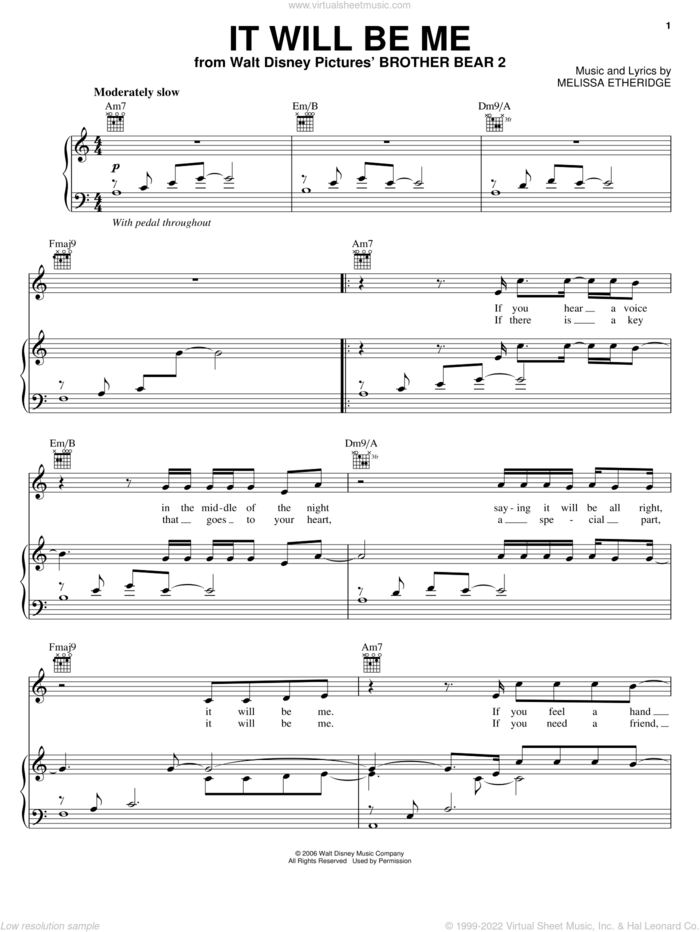 It Will Be Me sheet music for voice, piano or guitar by Melissa Etheridge and Brother Bear 2 (Movie), intermediate skill level