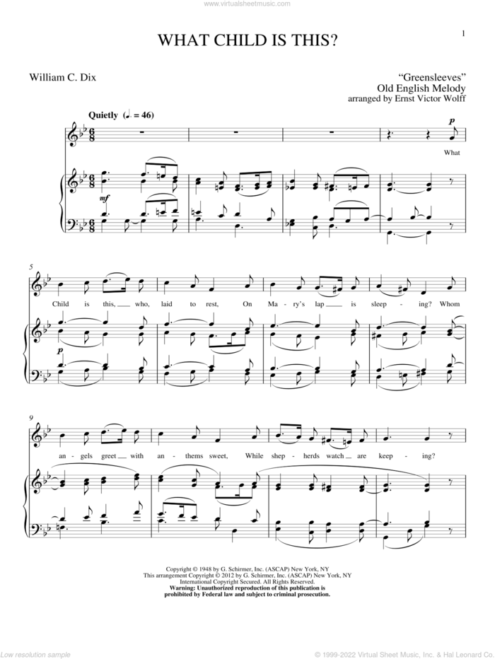 What Child Is This sheet music for voice and piano (High Voice) by Ernst Victor Wolff, classical score, intermediate skill level
