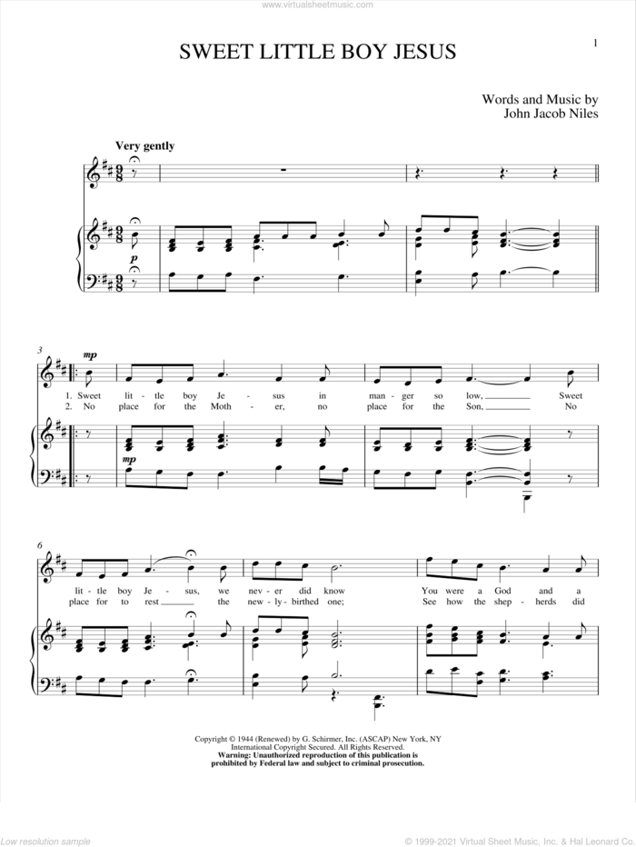 Sweet Little Boy Jesus sheet music for voice and piano (High Voice) by John Jacob Niles, intermediate skill level