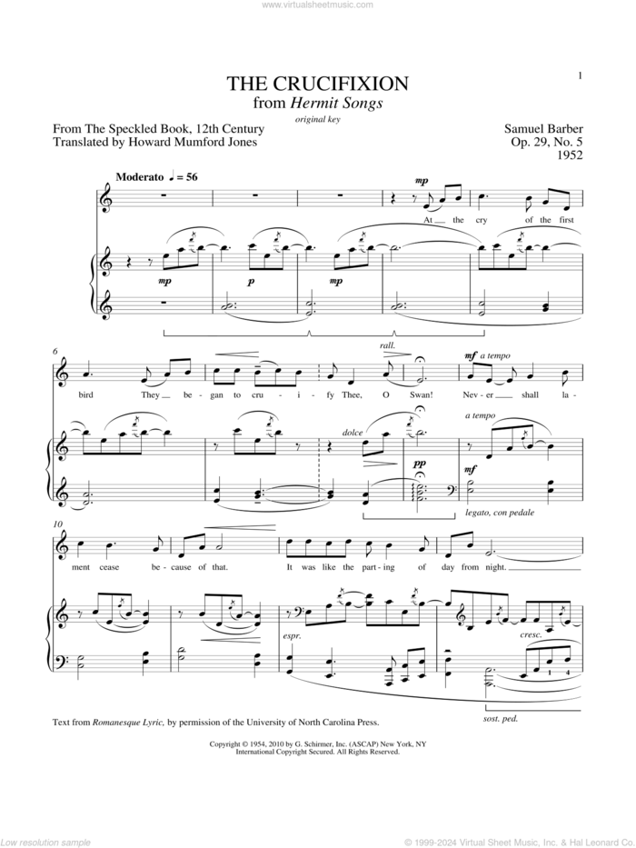 The Crucifixion sheet music for voice and piano (High Voice) by Samuel Barber and Richard Walters, classical score, intermediate skill level