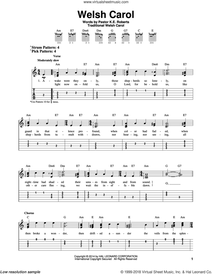 Welsh Carol sheet music for guitar solo (easy tablature) by Pastor K.E. Roberts, easy guitar (easy tablature)