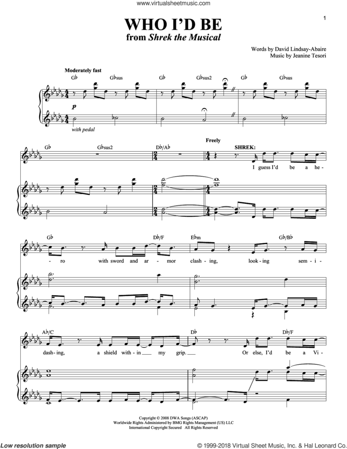 Who I'd Be (from Shrek The Musical) sheet music for voice and piano by Jeanine Tesori and David Lindsay-Abaire, intermediate skill level