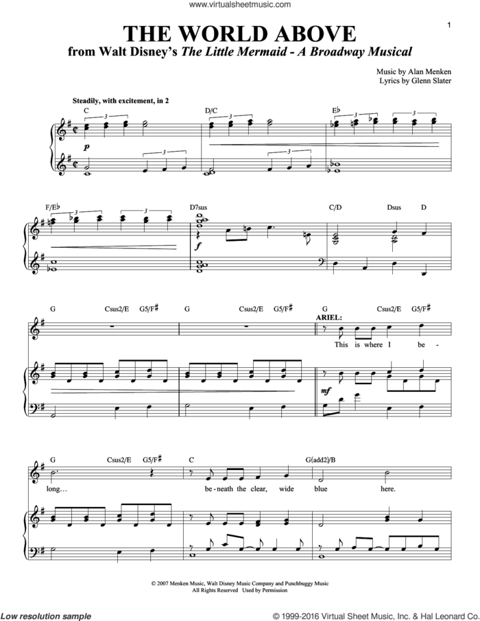 The World Above sheet music for voice and piano by Glenn Slater and Alan Menken, intermediate skill level