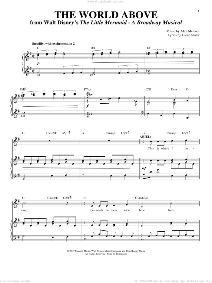 The World Above sheet music for voice and piano by Glenn Slater and Alan Menken, intermediate skill level