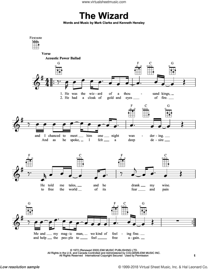 The Wizard sheet music for ukulele by Mark Clarke and Kenneth Hensley, intermediate skill level
