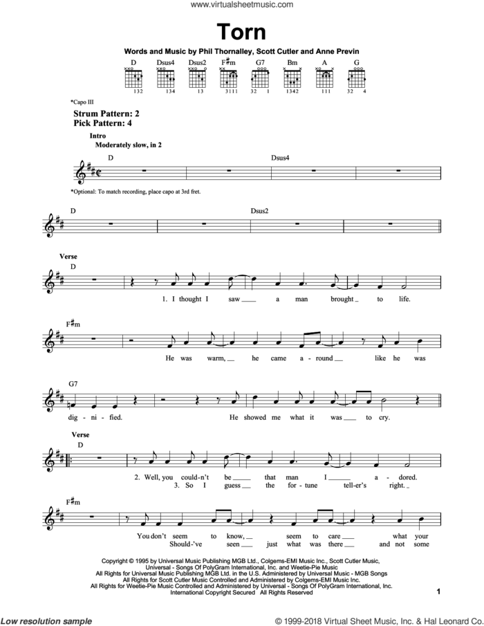 Torn sheet music for guitar solo (chords) by Natalie Imbruglia, Anne Previn, Phil Thornalley and Scott Cutler, easy guitar (chords)