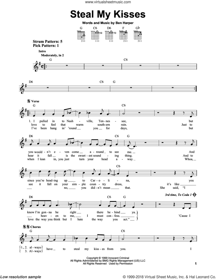 Steal My Kisses sheet music for guitar solo (chords) by Ben Harper And The Innocent Criminals and Ben Harper, easy guitar (chords)