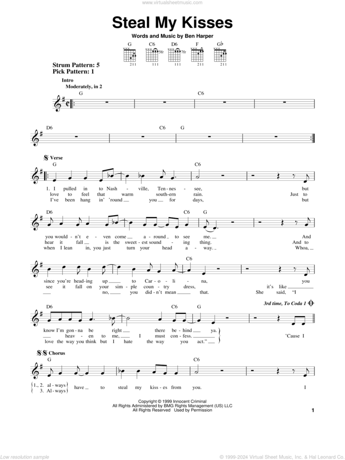 Steal My Kisses sheet music for guitar solo (chords) by Ben Harper And The Innocent Criminals and Ben Harper, easy guitar (chords)