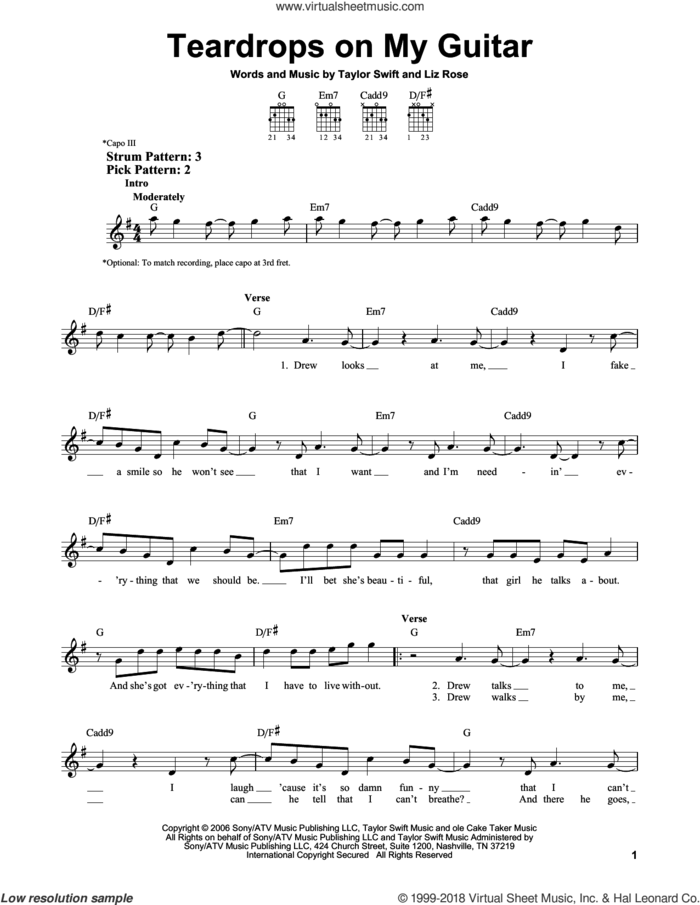 Teardrops On My Guitar sheet music for guitar solo (chords) by Taylor Swift and Liz Rose, easy guitar (chords)