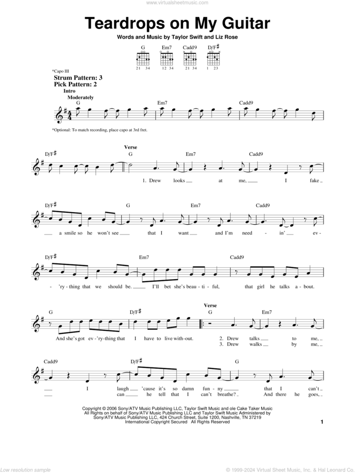 Teardrops On My Guitar sheet music for guitar solo (chords) by Taylor Swift and Liz Rose, easy guitar (chords)