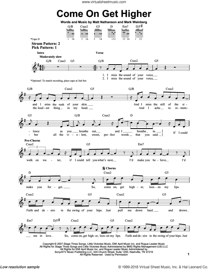 Come On Get Higher sheet music for guitar solo (chords) by Matt Nathanson and Mark Weinberg, easy guitar (chords)