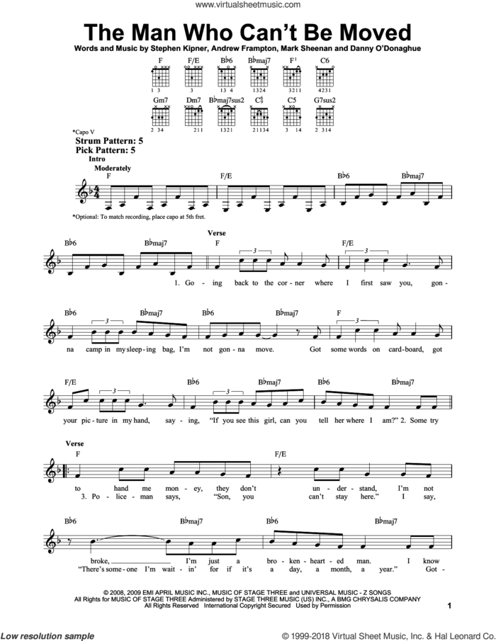 The Man Who Can't Be Moved sheet music for guitar solo (chords) by The Script, Xenia, Andrew Marcus Frampton, Mark Sheenan and Steve Kipner, easy guitar (chords)