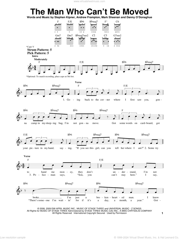 The Man Who Can't Be Moved sheet music for guitar solo (chords) by The Script, Xenia, Andrew Marcus Frampton, Mark Sheenan and Steve Kipner, easy guitar (chords)