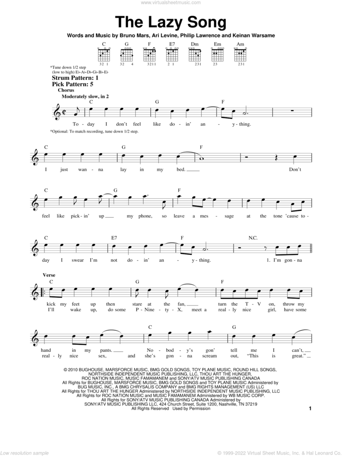 The Lazy Song sheet music for guitar solo (chords) by Bruno Mars, Ari Levine, Keinan Warsame and Philip Lawrence, easy guitar (chords)