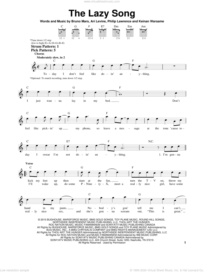 The Lazy Song sheet music for guitar solo (chords) by Bruno Mars, Ari Levine, Keinan Warsame and Philip Lawrence, easy guitar (chords)