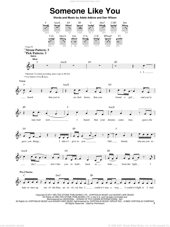 Someone Like You sheet music for guitar solo (chords) by Adele, Adele Adkins and Dan Wilson, easy guitar (chords)