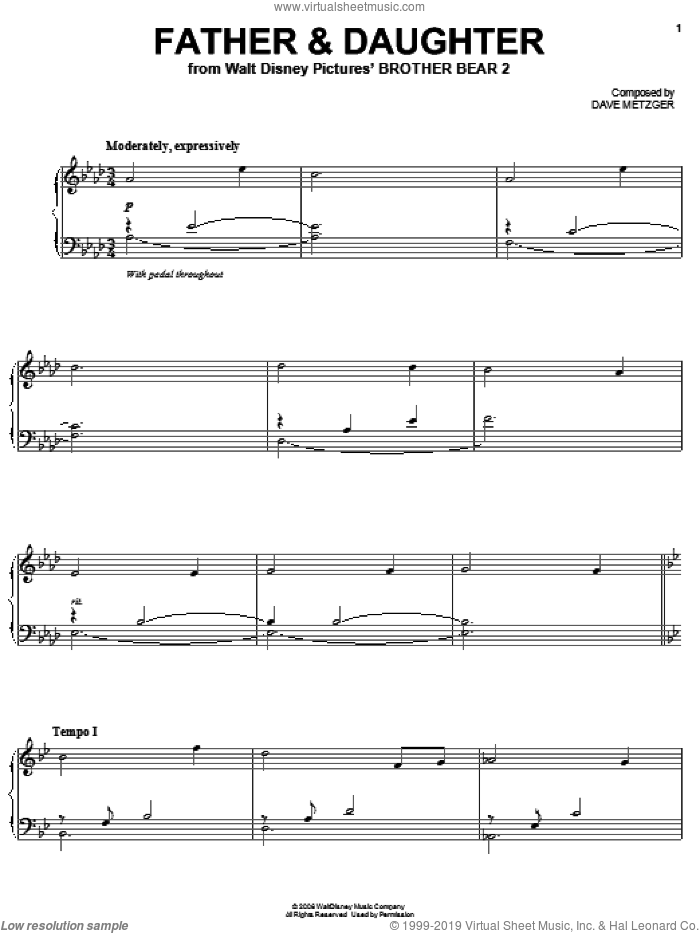 Father and Daughter sheet music for piano solo by Dave Metzger and Brother Bear 2 (Movie), intermediate skill level