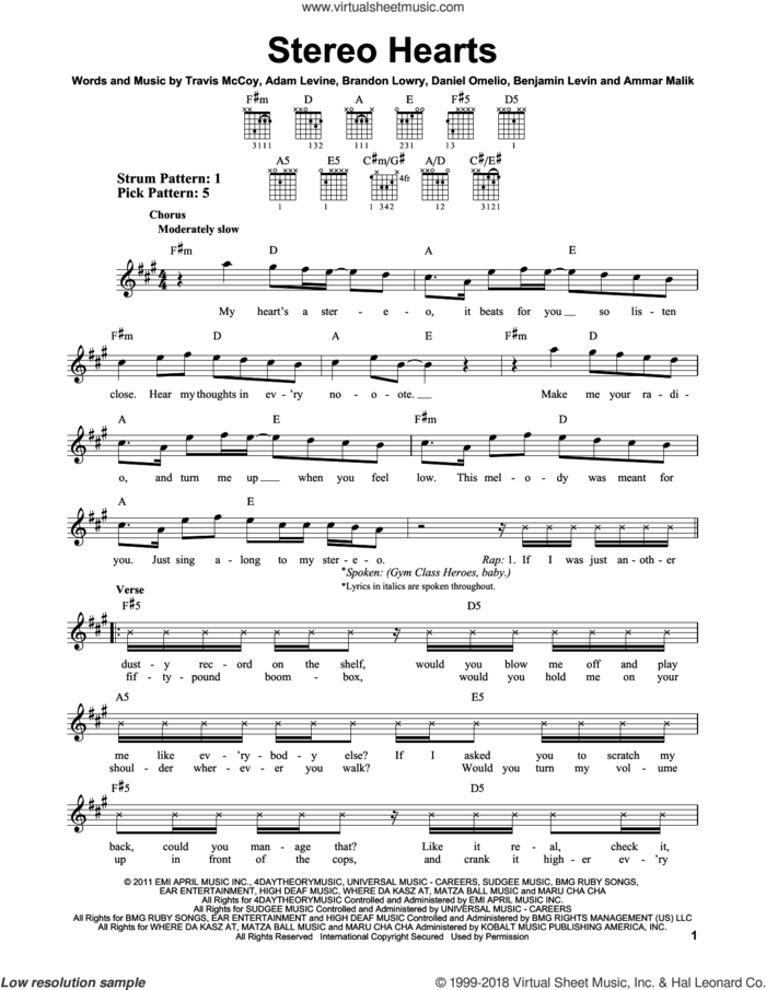 Stereo Hearts (feat. Adam Levine) sheet music for guitar solo (chords) by Gym Class Heroes featuring Adam Levine, Gym Class Heroes, Adam Levine, Ammar Malik, Benjamin Levin, Brandon Lowry, Daniel Omelio and Travis McCoy, easy guitar (chords)