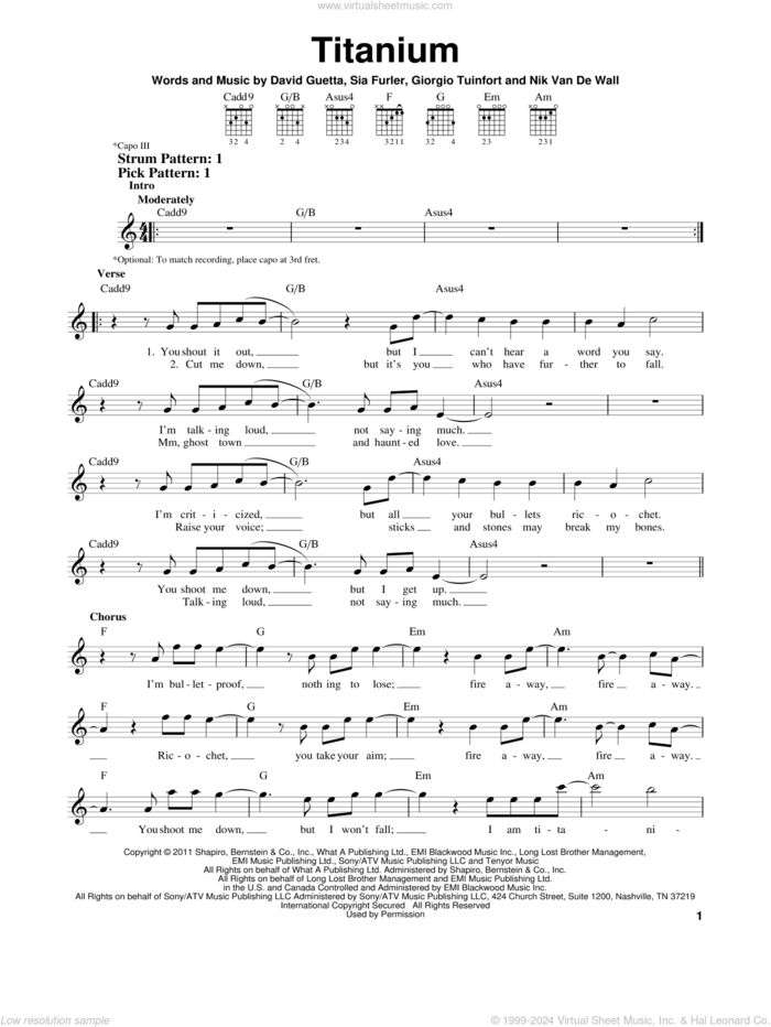 Titanium (feat. Sia) sheet music for guitar solo (chords) by David Guetta featuring Sia, Sia, David Guetta, Giorgio Tuinfort, Nick Van De Wall and Sia Furler, easy guitar (chords)