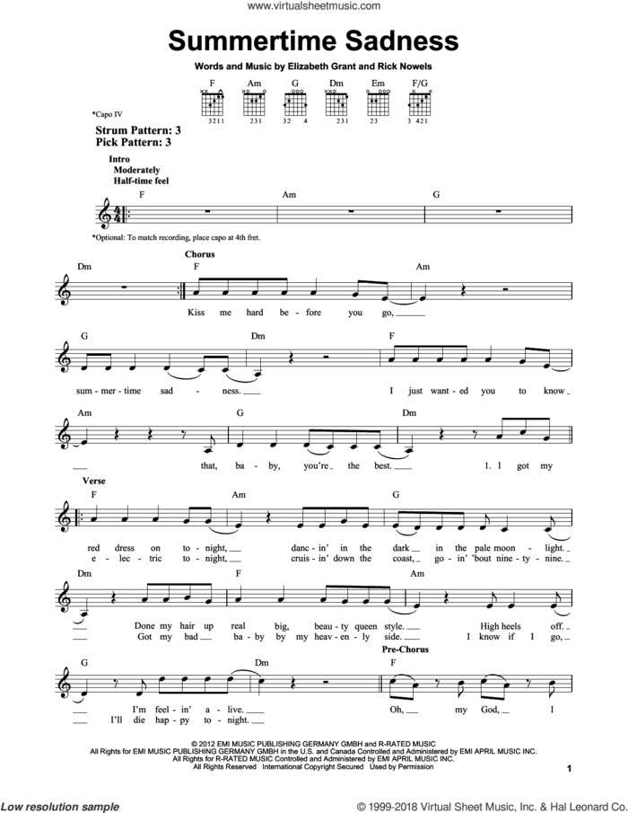 Summertime Sadness sheet music for guitar solo (chords) by Lana Del Rey, Lana Del Ray, Elizabeth Grant and Rick Nowels, easy guitar (chords)