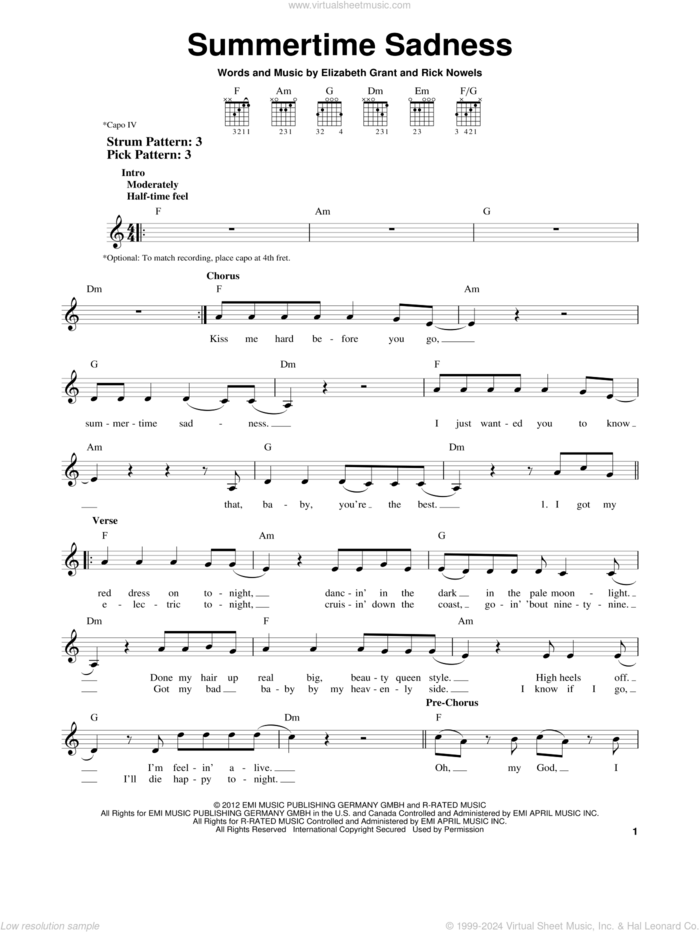 Summertime Sadness sheet music for guitar solo (chords) by Lana Del Rey, Lana Del Ray, Elizabeth Grant and Rick Nowels, easy guitar (chords)