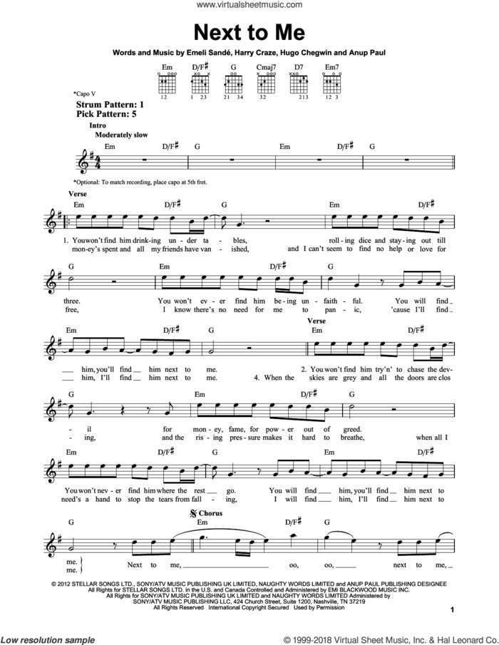 Next To Me sheet music for guitar solo (chords) by Emeli Sande, Harry Craze, Hugo Chegwin and Paul Anup, easy guitar (chords)