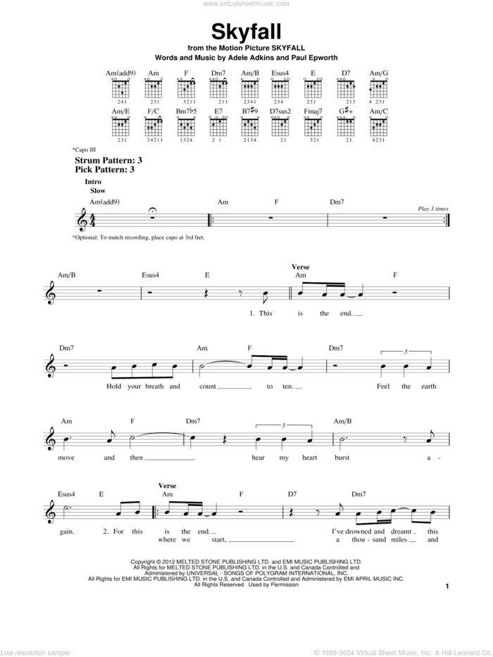 Skyfall sheet music for guitar solo (chords) by Adele, Adele Adkins and Paul Epworth, easy guitar (chords)