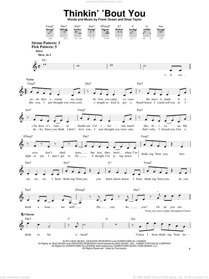 Thinkin' 'Bout You sheet music for guitar solo (chords) by Frank Ocean and Shea Taylor, easy guitar (chords)