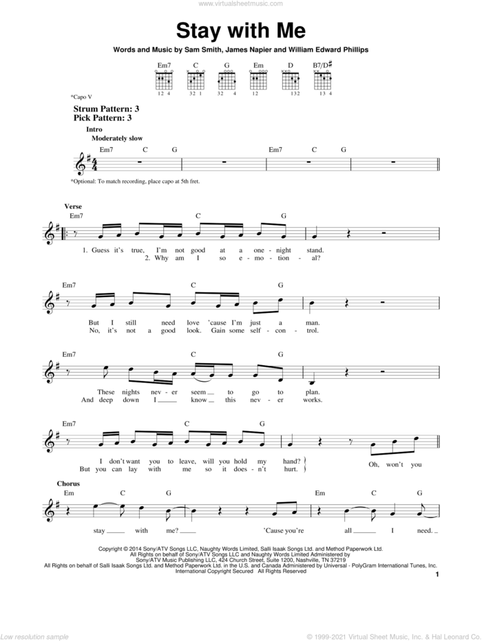 Stay With Me sheet music for guitar solo (chords) by Sam Smith, James Napier and William Edward Phillips, easy guitar (chords)