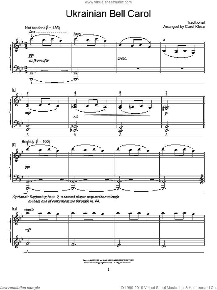 Ukrainian Bell Carol sheet music for piano solo (elementary), beginner piano (elementary)