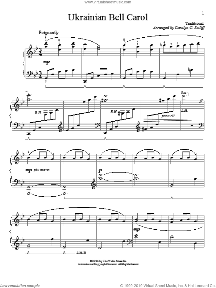 Ukrainian Bell Carol sheet music for piano solo (elementary) by Carolyn C. Setliff, beginner piano (elementary)