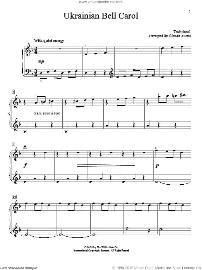 Ukrainian Bell Carol sheet music for piano solo (elementary) by Glenda Austin, beginner piano (elementary)