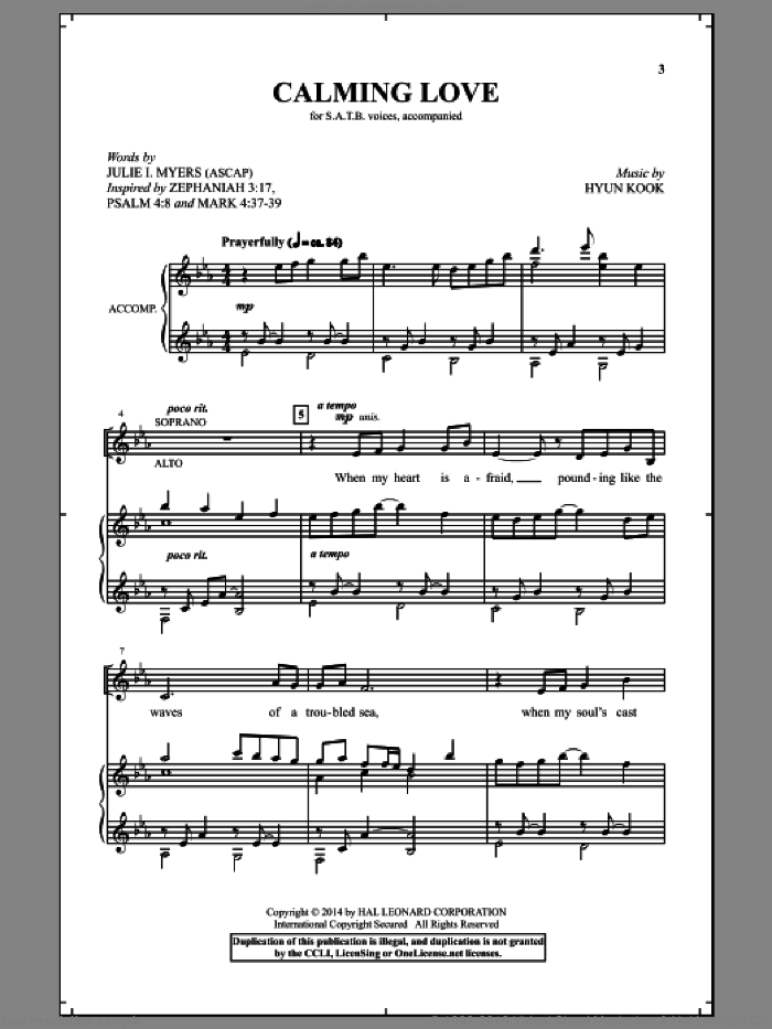 Calming Love sheet music for choir (SATB: soprano, alto, tenor, bass) by Hyun Kook and Julie I. Myers, intermediate skill level