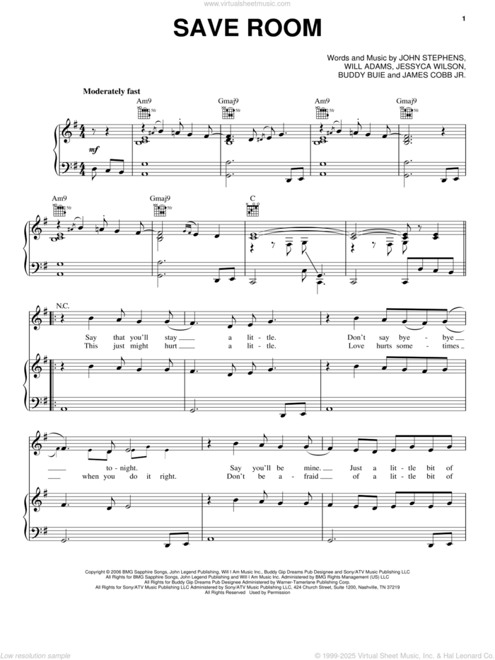 Save Room sheet music for voice, piano or guitar by John Legend, Buddy Buie, James Cobb Jr., Jessyca Wilson, John Stephens and Will Adams, intermediate skill level