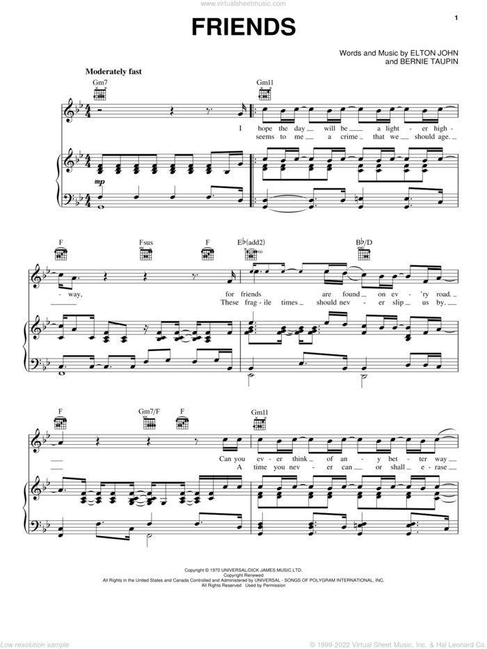 Friends sheet music for voice, piano or guitar by Elton John and Bernie Taupin, intermediate skill level