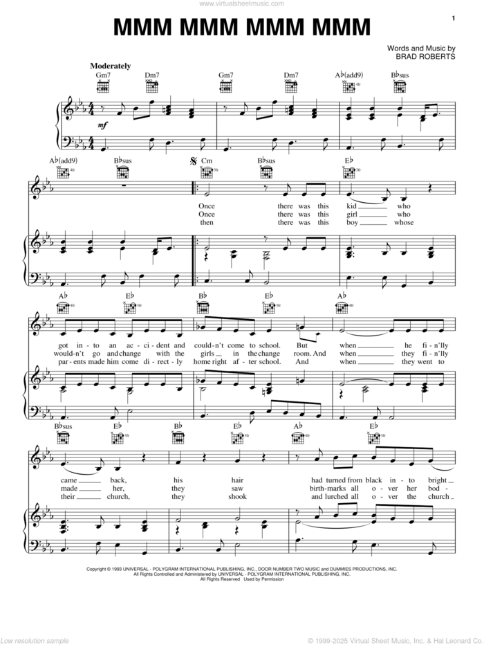 Mmm Mmm Mmm Mmm sheet music for voice, piano or guitar by Crash Test Dummies and Brad Roberts, intermediate skill level