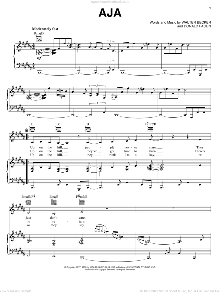 Aja sheet music for voice, piano or guitar by Steely Dan, Donald Fagen and Walter Becker, intermediate skill level