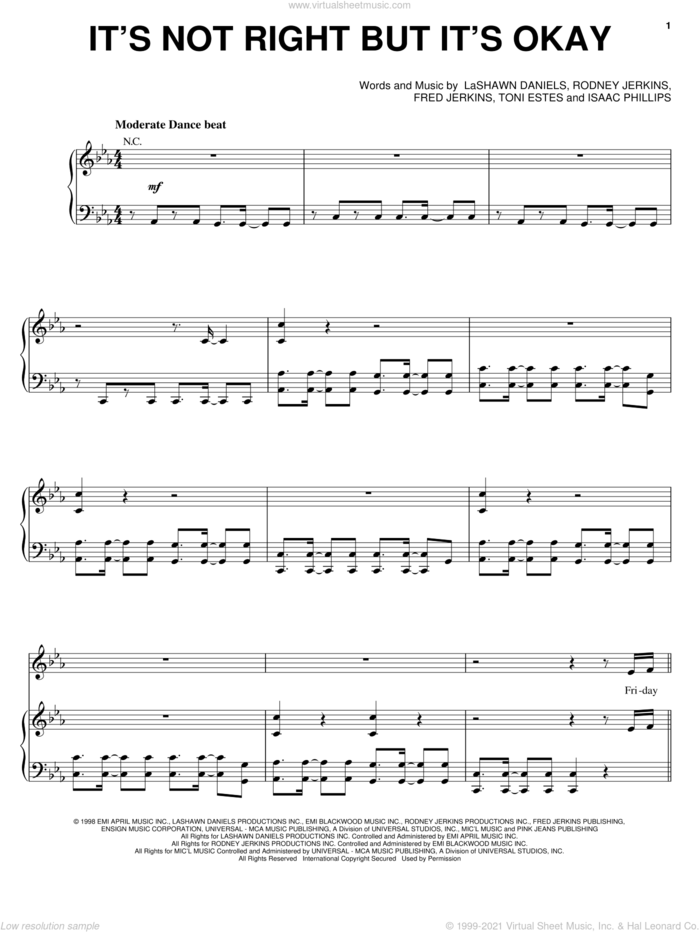 It's Not Right But It's Okay sheet music for voice, piano or guitar by Whitney Houston, Fred Jerkins, Isaac Phillips, LaShawn Daniels, Rodney Jerkins and Toni Estes, intermediate skill level