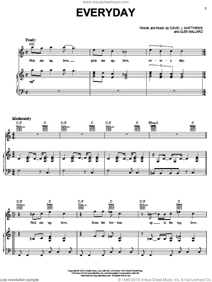 Everyday sheet music for voice, piano or guitar by Dave Matthews Band and Glen Ballard, intermediate skill level