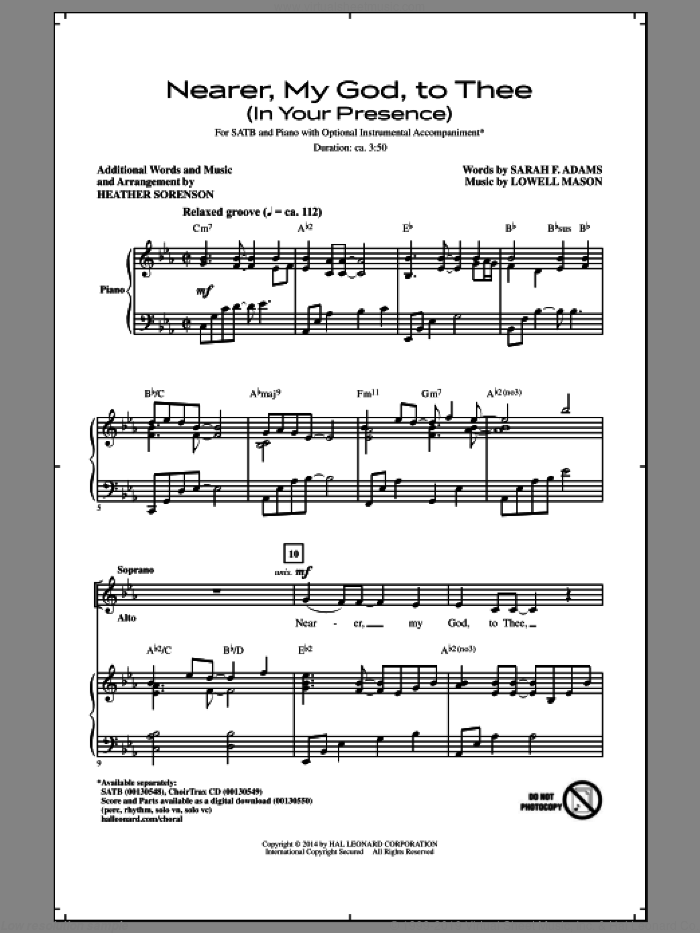Nearer, My God, To Thee (In His Presence) sheet music for choir (SATB: soprano, alto, tenor, bass) by Heather Sorenson, Lowell Mason and Sarah F. Adams, intermediate skill level