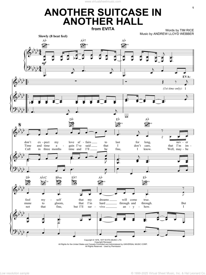 Another Suitcase In Another Hall (from Evita) sheet music for voice, piano or guitar by Andrew Lloyd Webber, Evita (Musical) and Tim Rice, intermediate skill level