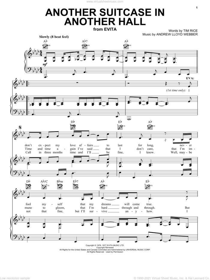 Another Suitcase In Another Hall (from Evita) sheet music for voice, piano or guitar by Andrew Lloyd Webber, Evita (Musical) and Tim Rice, intermediate skill level