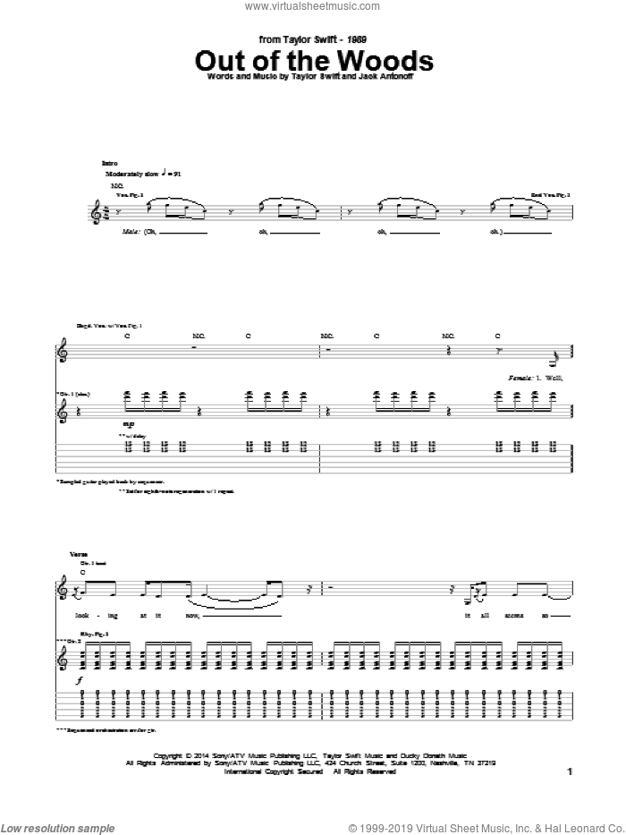 Out Of The Woods sheet music for guitar (tablature) by Taylor Swift and Jack Antonoff, intermediate skill level
