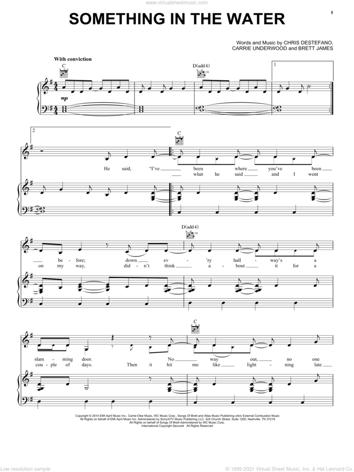 Something In The Water sheet music for voice, piano or guitar by Carrie Underwood, Brett James and Chris Destefano, intermediate skill level