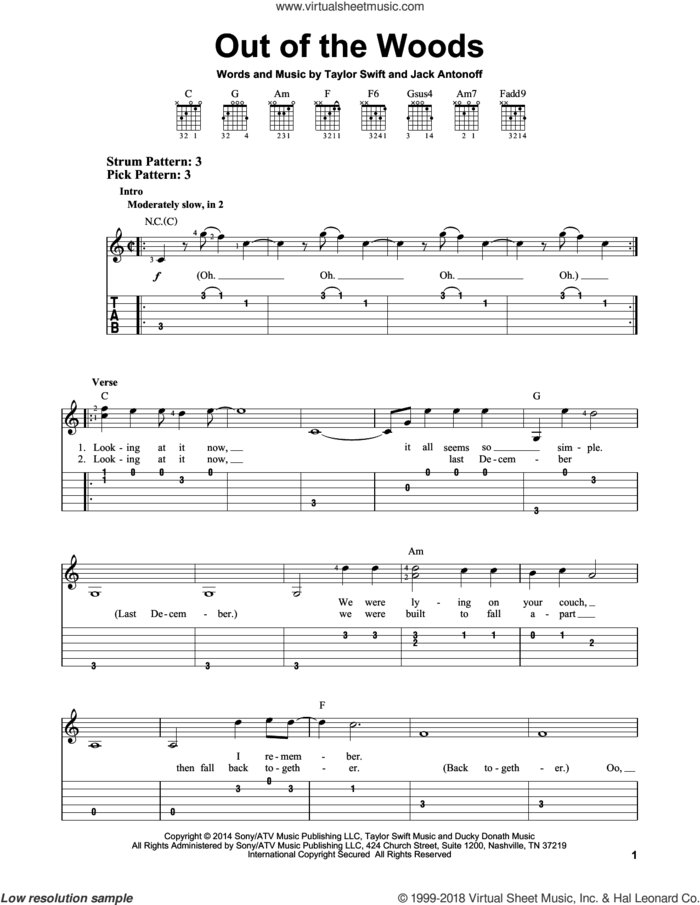 Out Of The Woods sheet music for guitar solo (easy tablature) by Taylor Swift and Jack Antonoff, easy guitar (easy tablature)