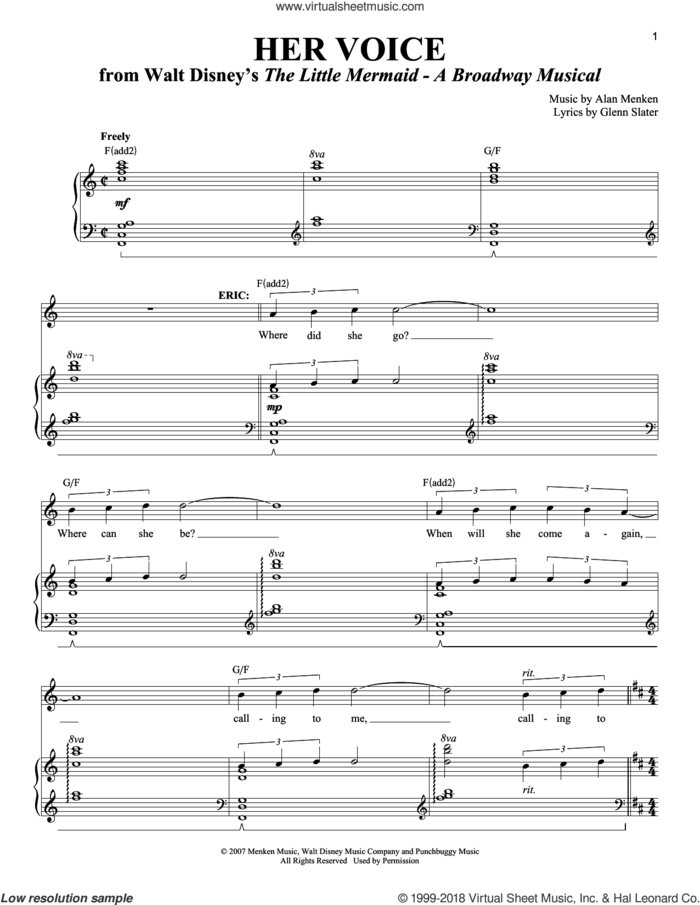 Her Voice sheet music for voice and piano by Alan Menken and Glenn Slater, intermediate skill level